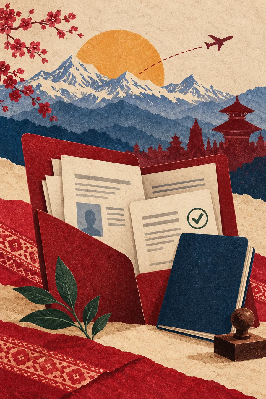 Nepali-inspired illustration of an organized document folder, passport and travel support